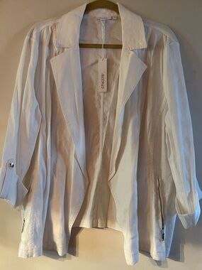 Chico's White Open-Front Lightweight Blazer Gold Zippers and Buttons